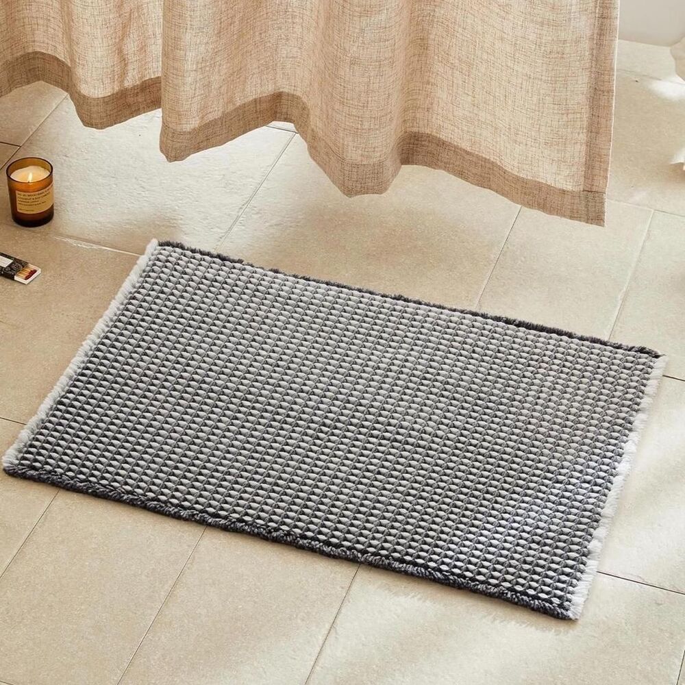 Grey & White Waffle Bath Mat Nonslip Washable Quick Dry 30”x20” Rug